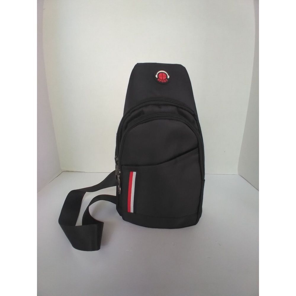 Sporty Black Crossbody Sling Bag Red White Stripe Detail Compact Travel Daypack‎